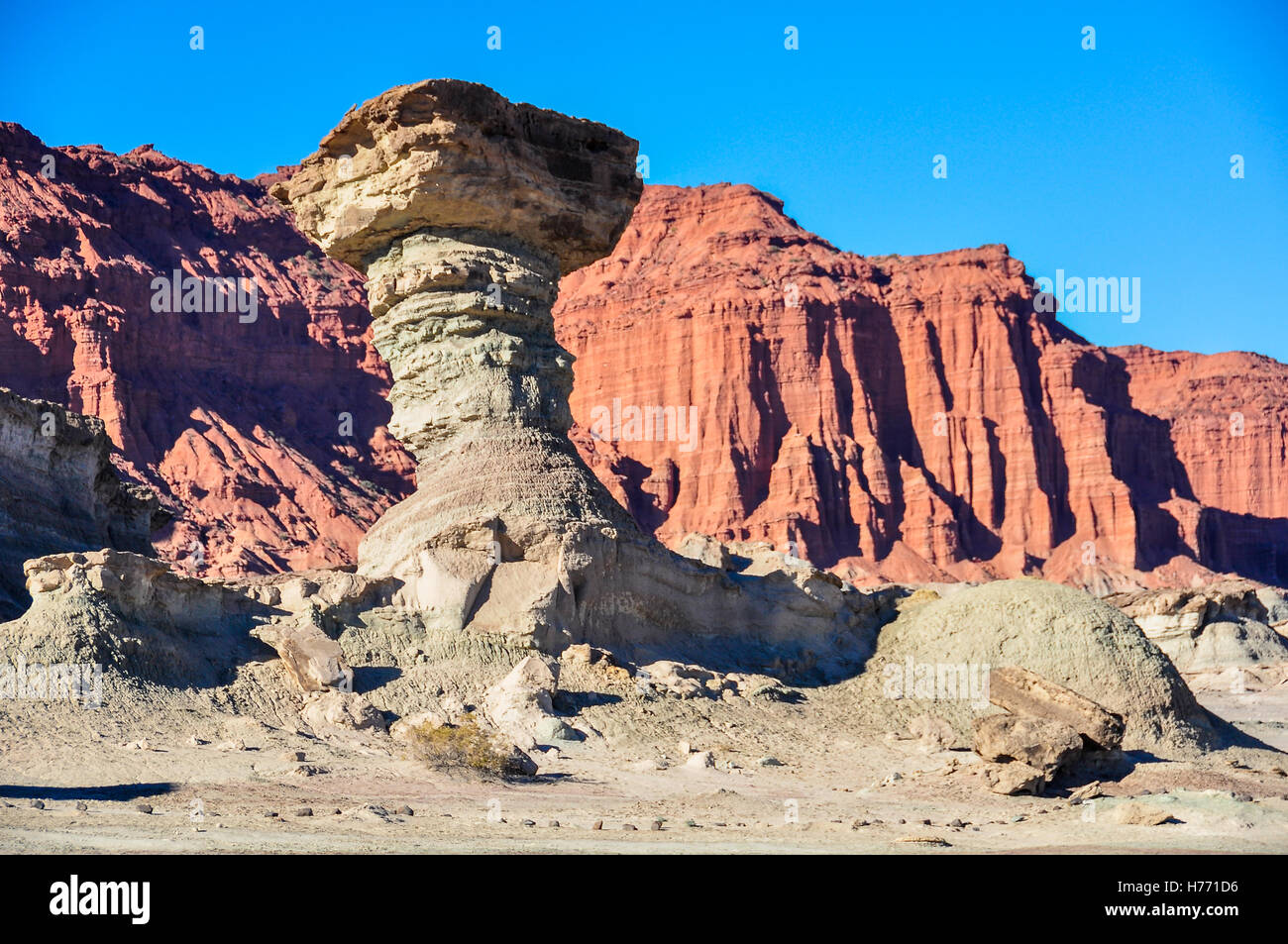 The Mushroom rock formation in the UNESCO World Heritage Ischigualasto Park in Argentina Stock Photo