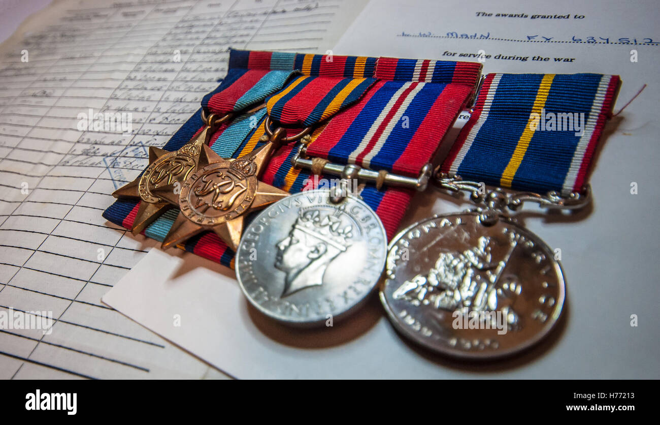 A set of World War II campaign and war medals plus a National Service medal - with focus on the Burma Star Stock Photo