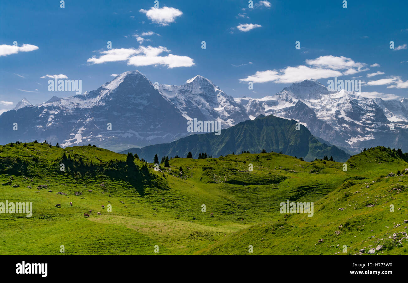Eiger, Mönch, and Jungfrau mountains in the Swiss Alps. Stock Photo