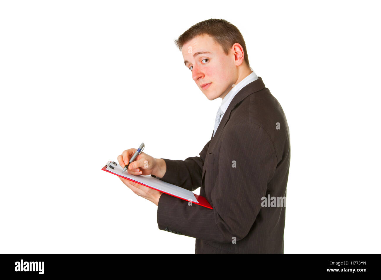 Businessman with clipboard isolated on white background Stock Photo - Alamy