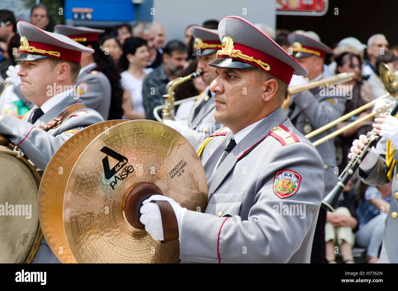 Brass band at yearly rose festival in Kazanlak, Bulgaria, wearing bulgarian army uniforms Stock Photo
