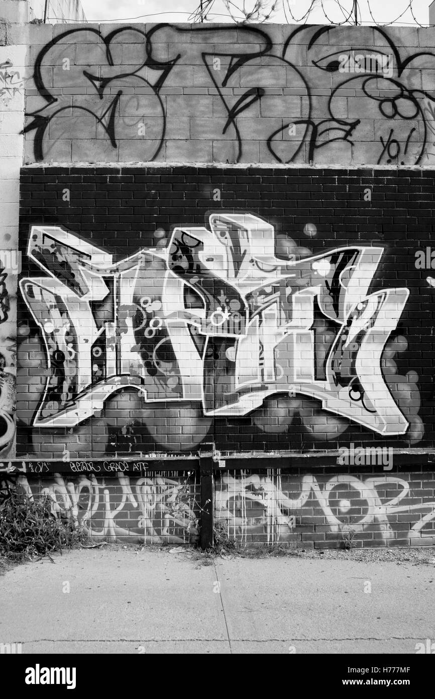 Graffiti wall mural street art along Meserole St in the East Williamsburg / Brunswick section of Brooklyn, New York City, USA Stock Photo