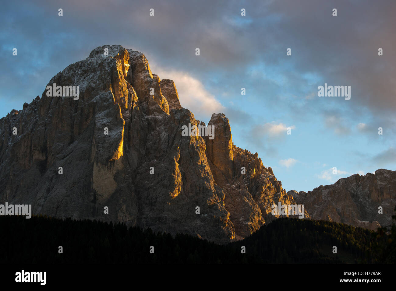Dolomite mountains at sunset, Val Gardena, South Tyrol, Italy Stock Photo