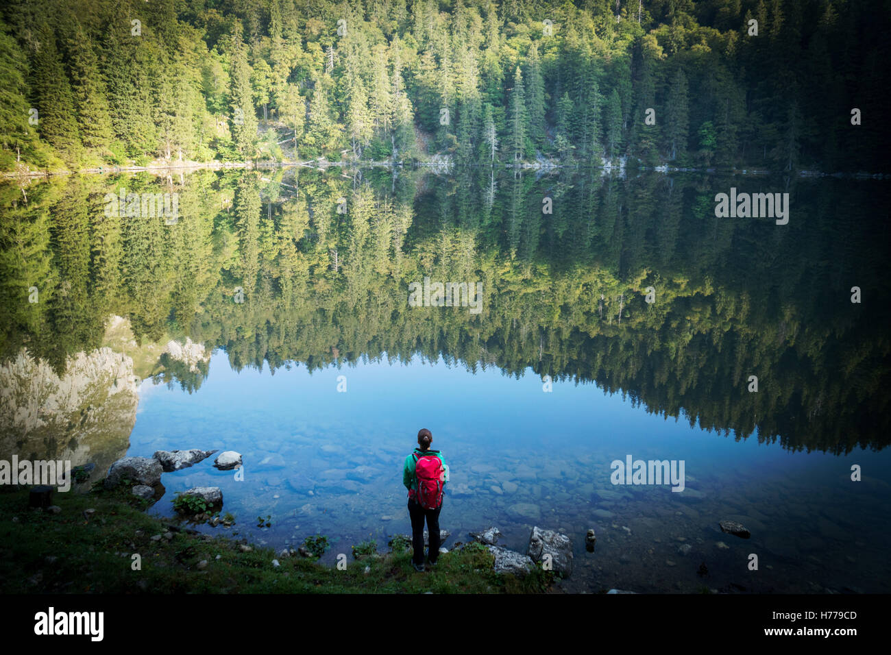 Rear view of a woman standing by a lake hi-res stock photography and ...