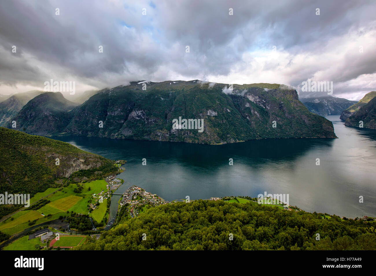 Aerial View of Aurlandsfjord From Stegastein Viewpoint, Sogn og Fjordane, Norway Stock Photo