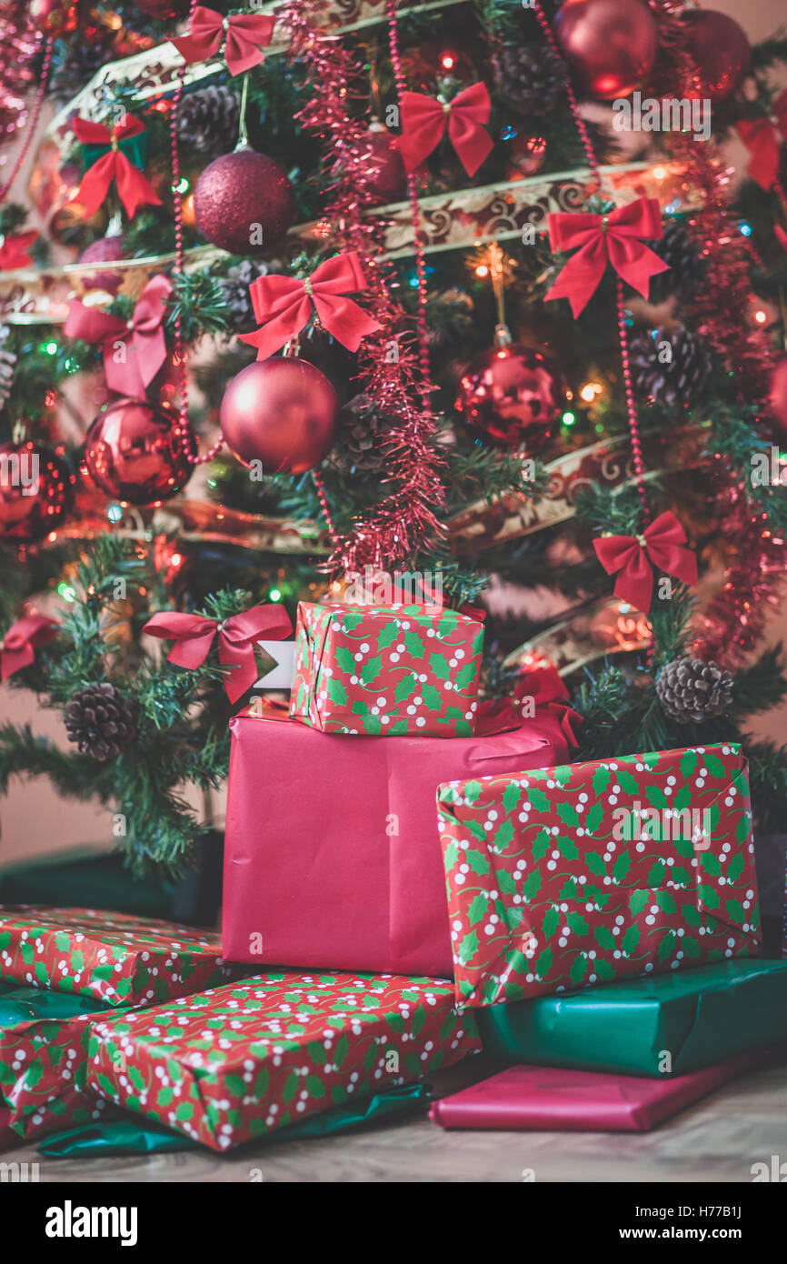 Christmas gifts under a christmas tree Stock Photo