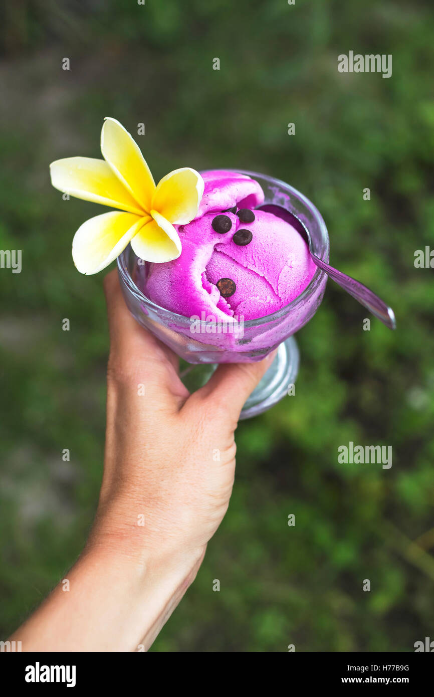 Woman's hand holding dragon fruit ice-cream dessert Stock Photo