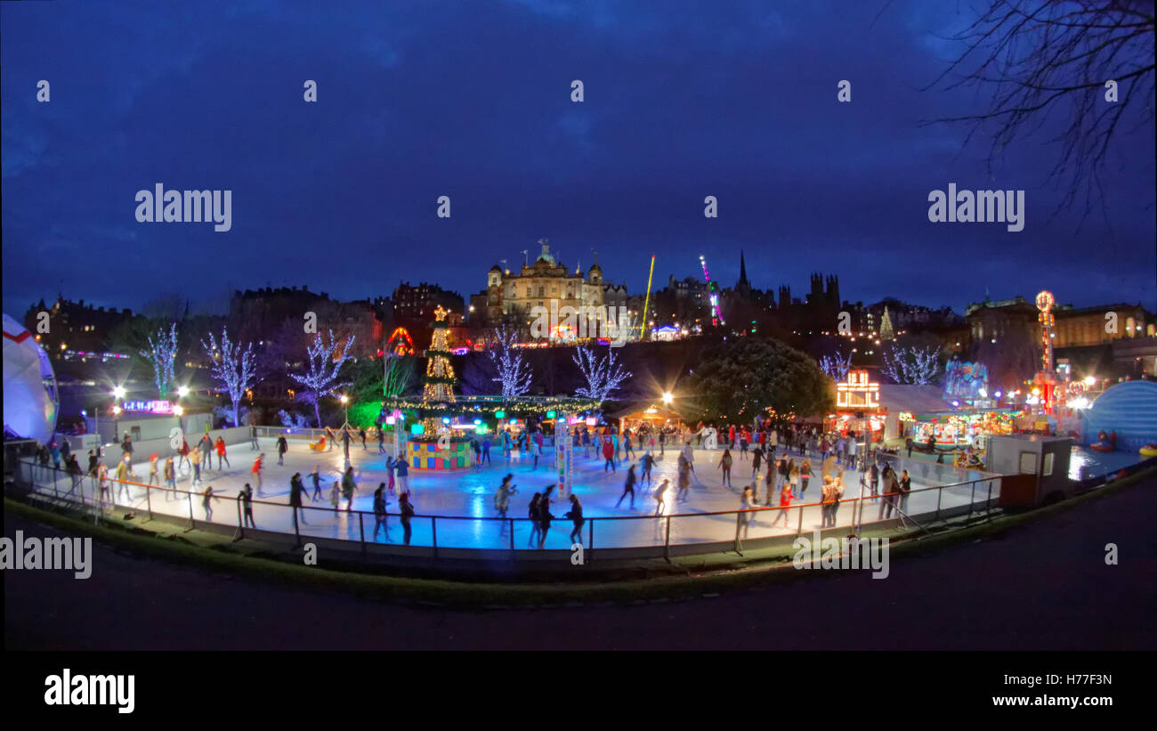 Edinburgh's Hogmanay Christmas Princes Gardens festival ice skating lights and funfair Stock Photo