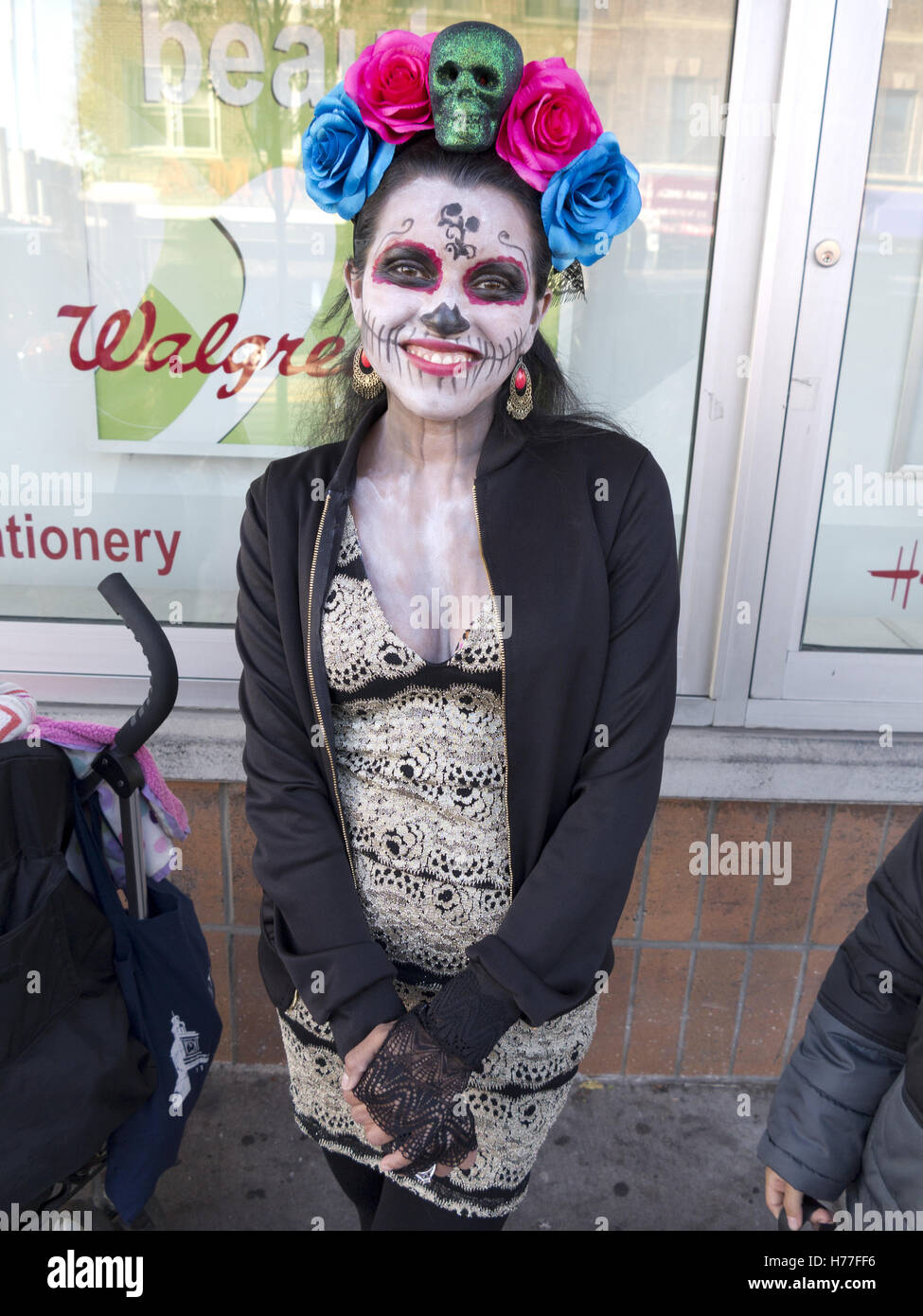 Mexican woman dressed in Day of the Dead costume celebrates Halloween in the Bensonhurst section of Brooklyn, New York, 2016. Stock Photo