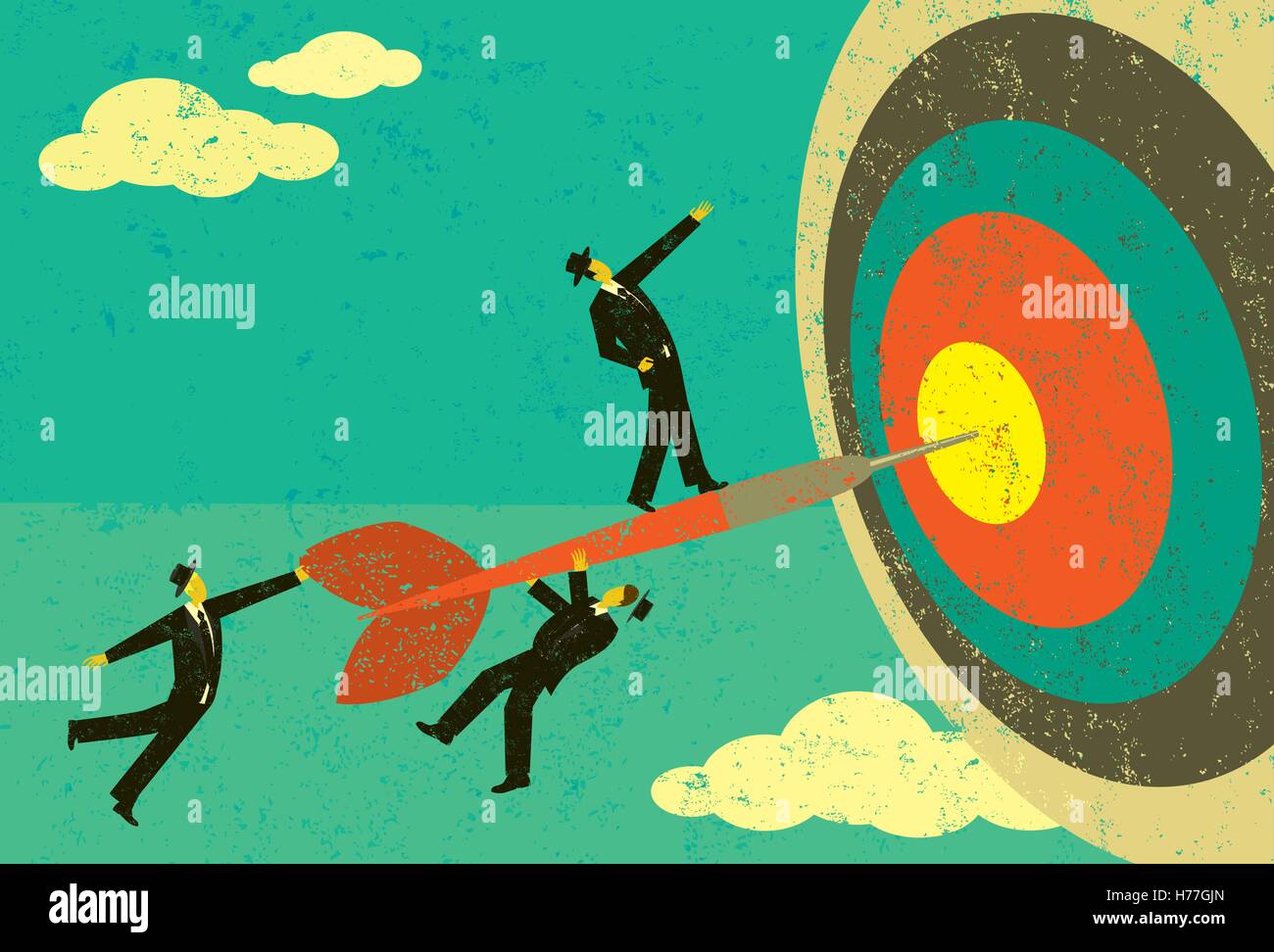 Hitting the Target Businessmen on a dart hitting the bull's eye. The men, dart & target are on a separate labeled layer from the Stock Vector