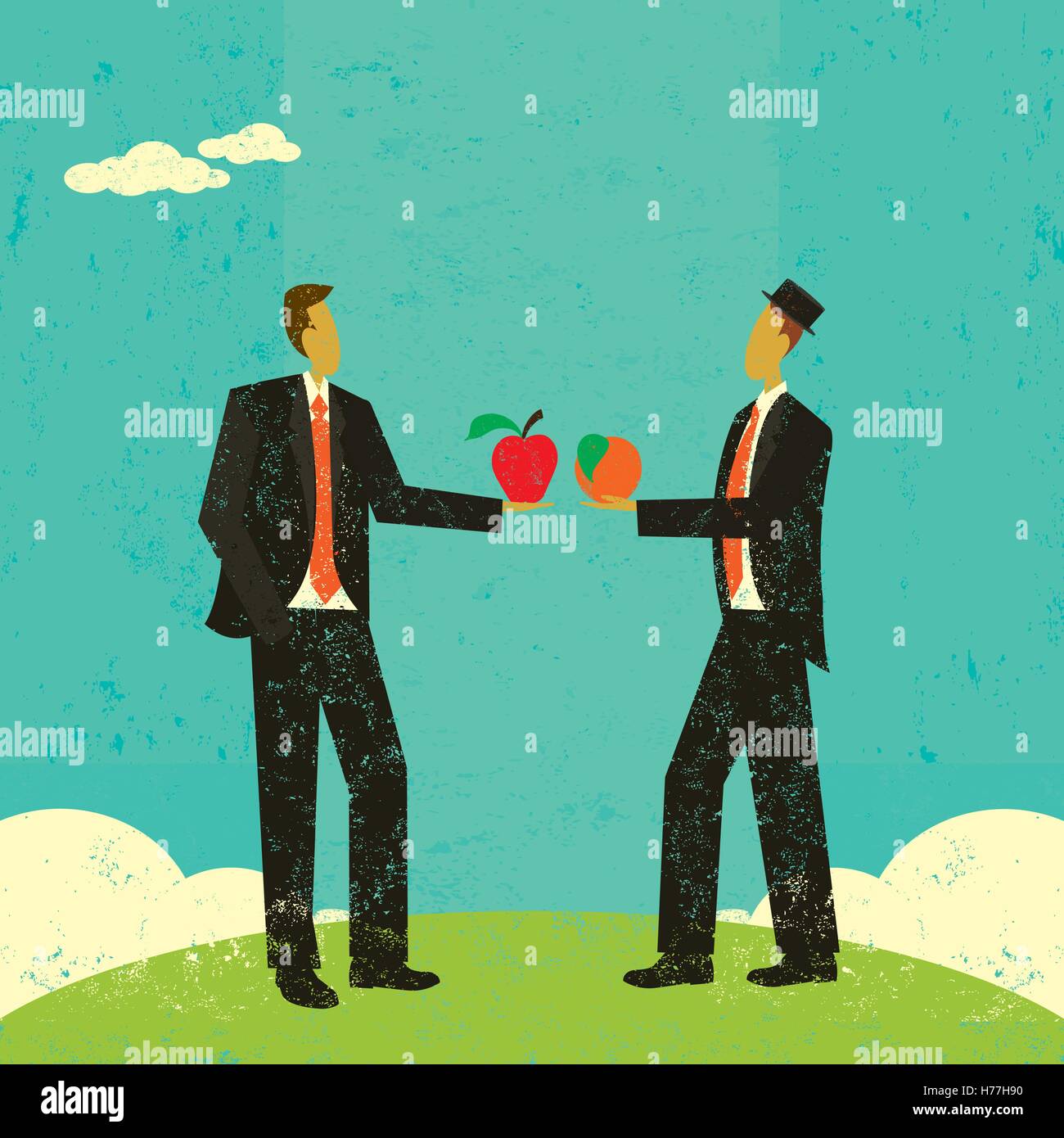 Comparing Apples and Oranges Two businessmen comparing an apple and an