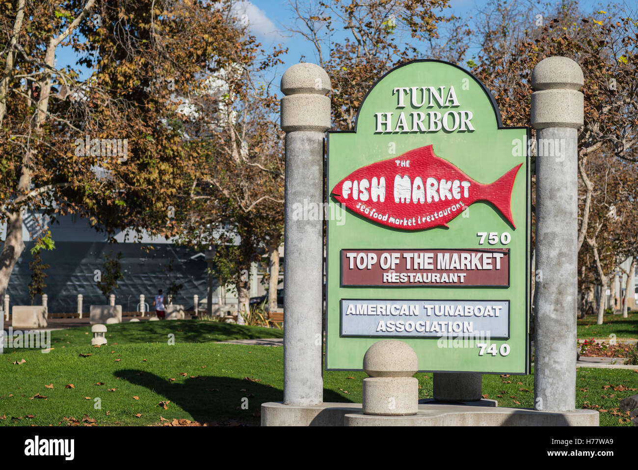 Tuna Harbor sign, marquee. Tuna Harbor Park, San Diego, California, USA