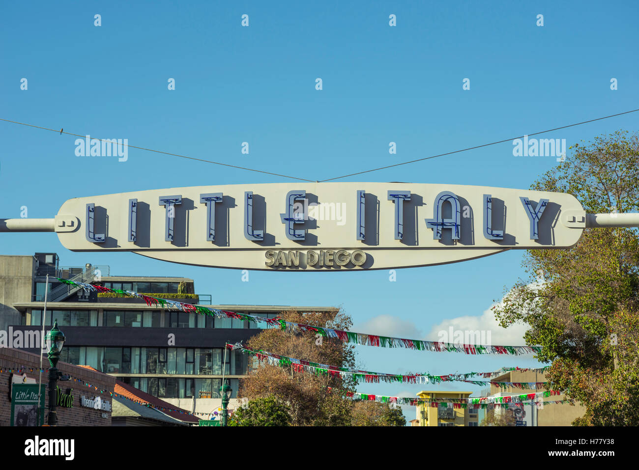 Little Italy sign, marquee. Little Italy, San Diego, California, USA. Stock Photo