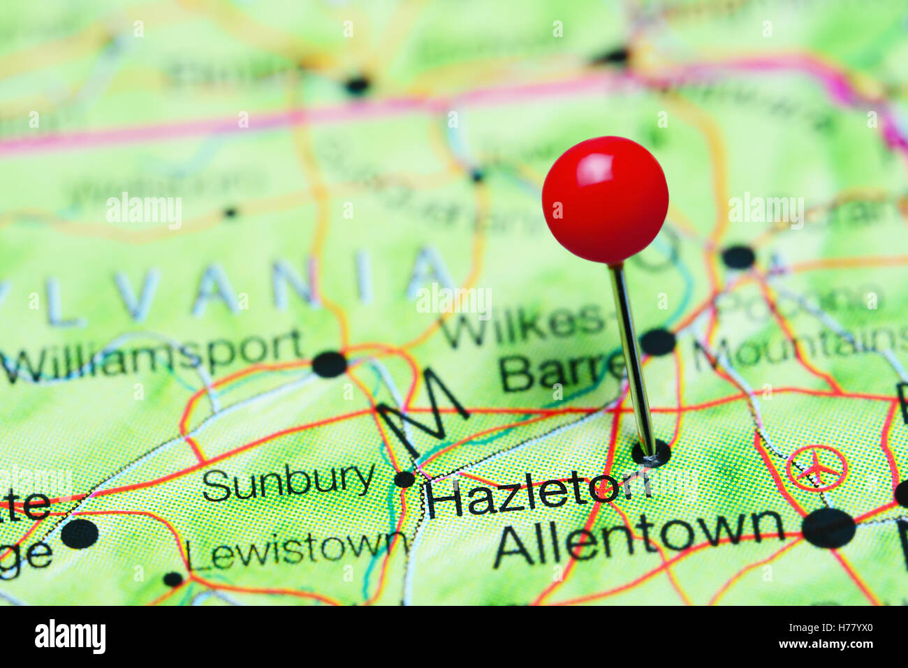 Hazleton pinned on a map of Pennsylvania, USA Stock Photo