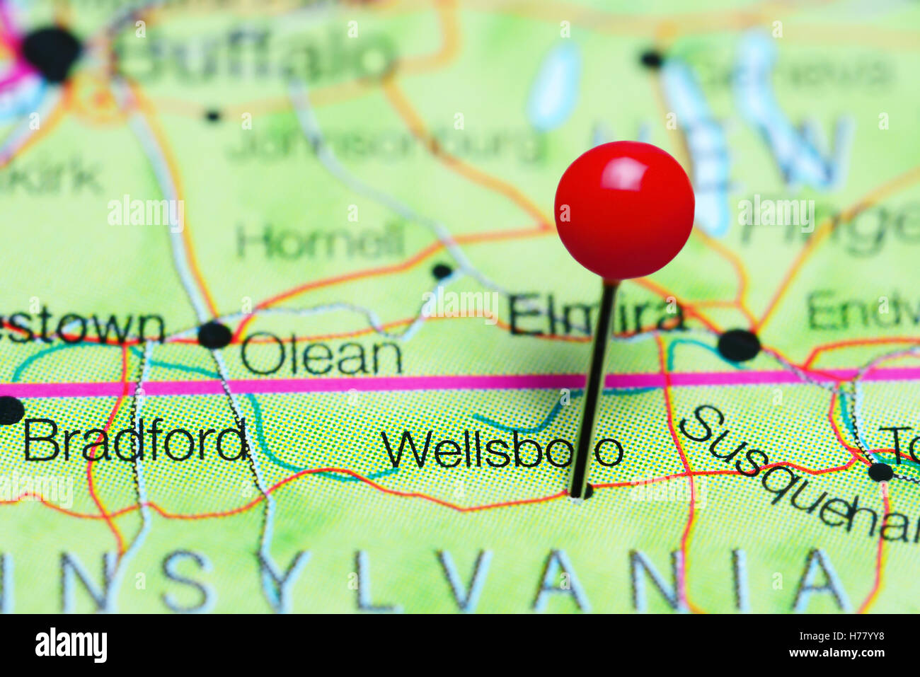Wellsboro pinned on a map of Pennsylvania, USA Stock Photo