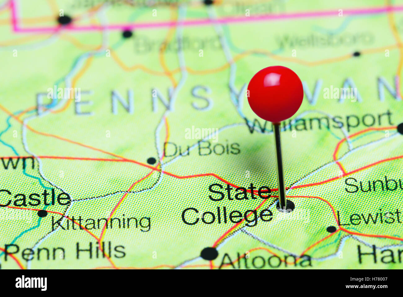 State College pinned on a map of Pennsylvania, USA Stock Photo