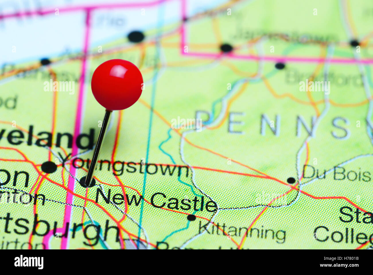New Castle pinned on a map of Pennsylvania, USA Stock Photo