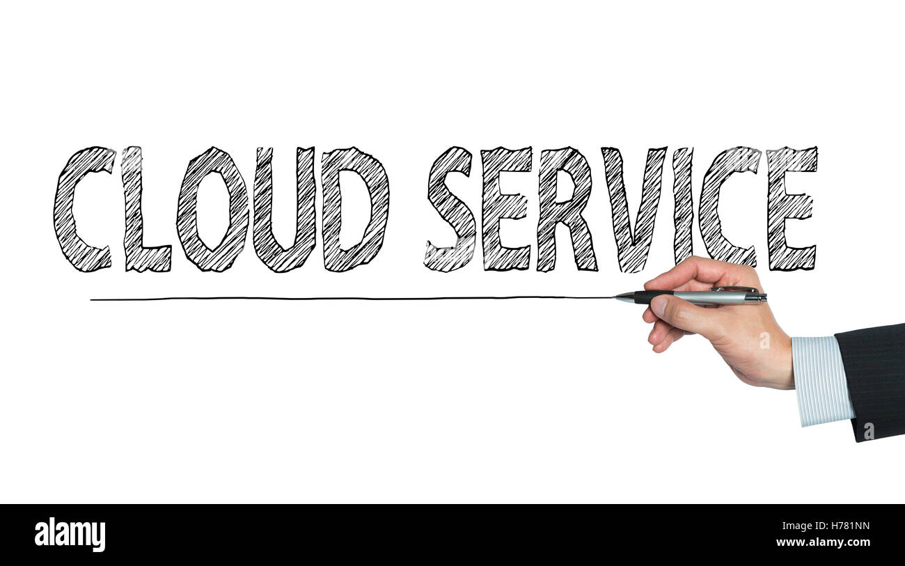 cloud service written by hand, hand writing on transparent board, photo Stock Photo