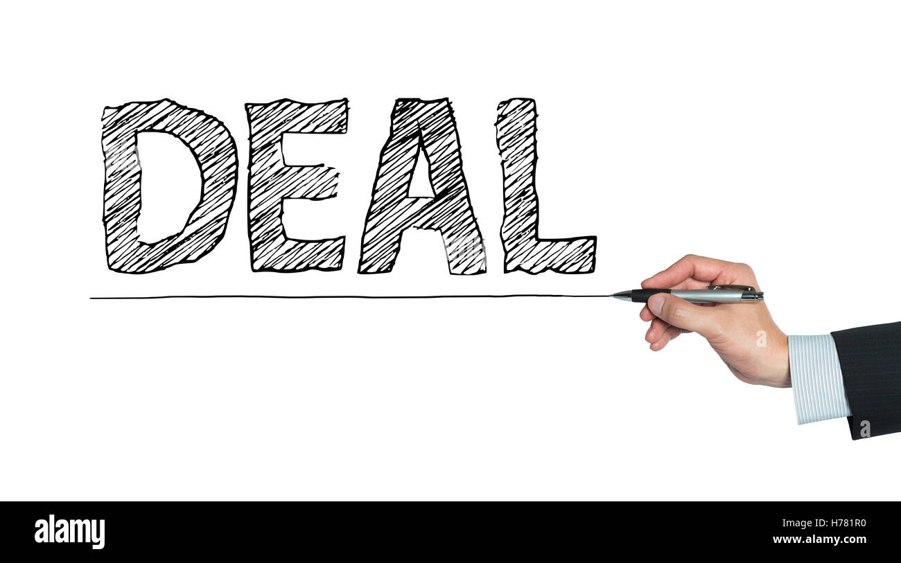 deal written by hand, hand writing on transparent board, photo Stock Photo