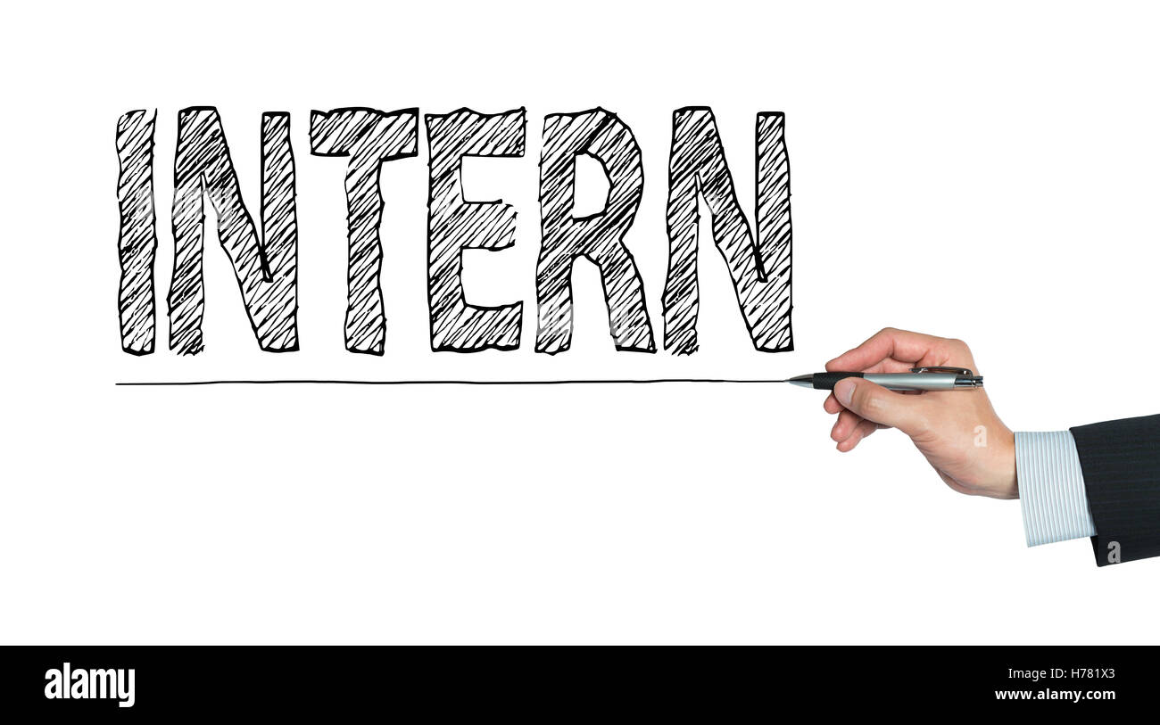 intern written by hand, hand writing on transparent board, photo Stock Photo