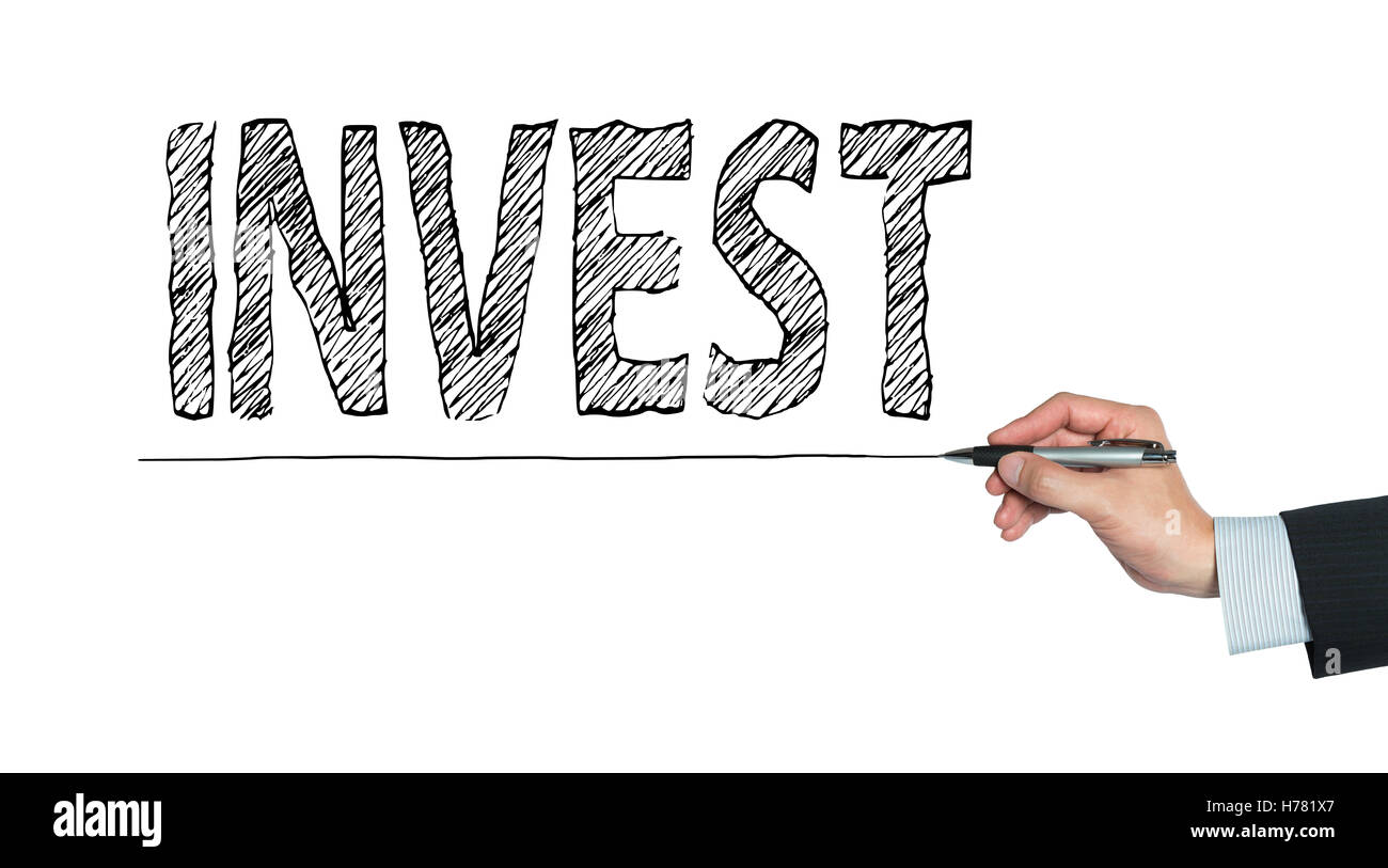 invest written by hand, hand writing on transparent board, photo Stock Photo
