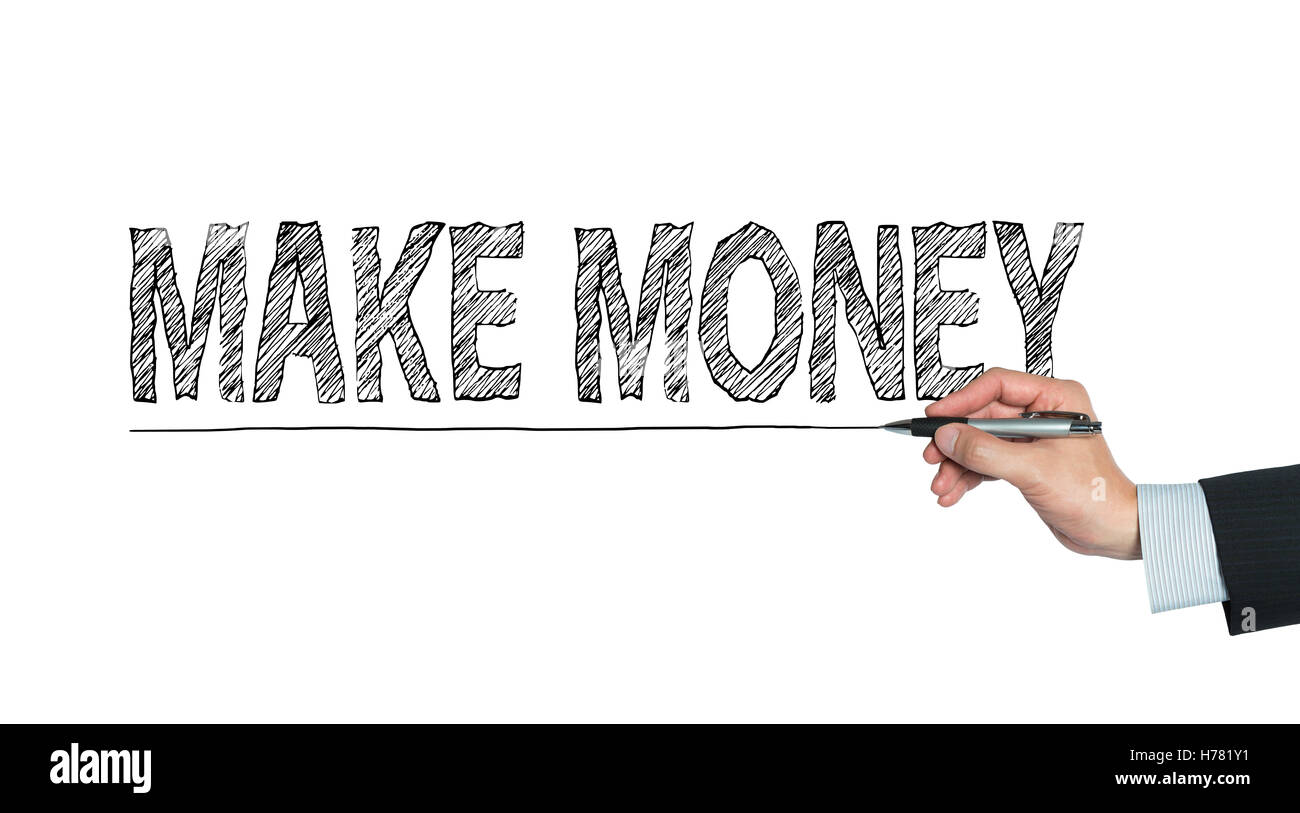 make money written by hand, hand writing on transparent board, photo Stock Photo