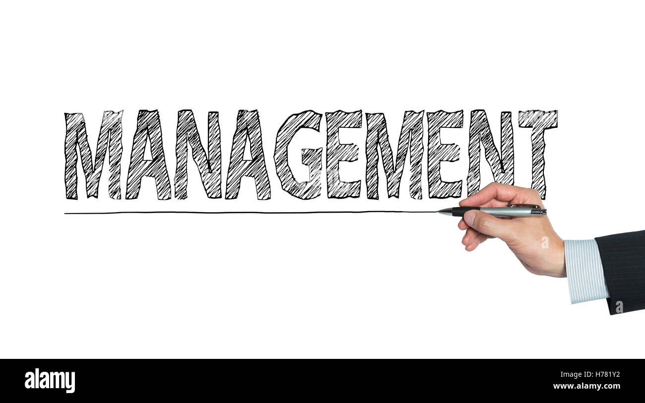 management written by hand, hand writing on transparent board, photo Stock Photo