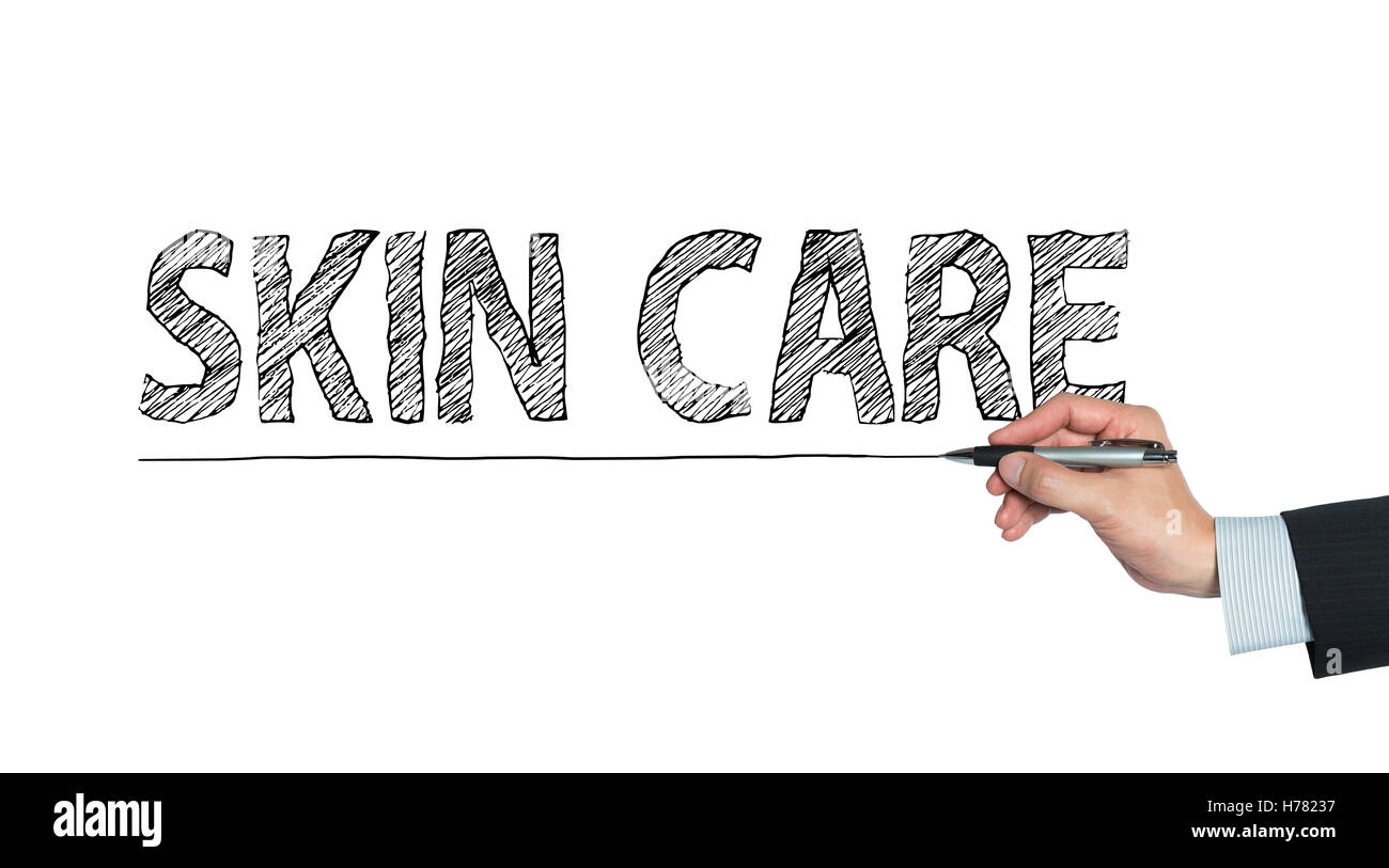 skin care written by hand, hand writing on transparent board, photo Stock Photo
