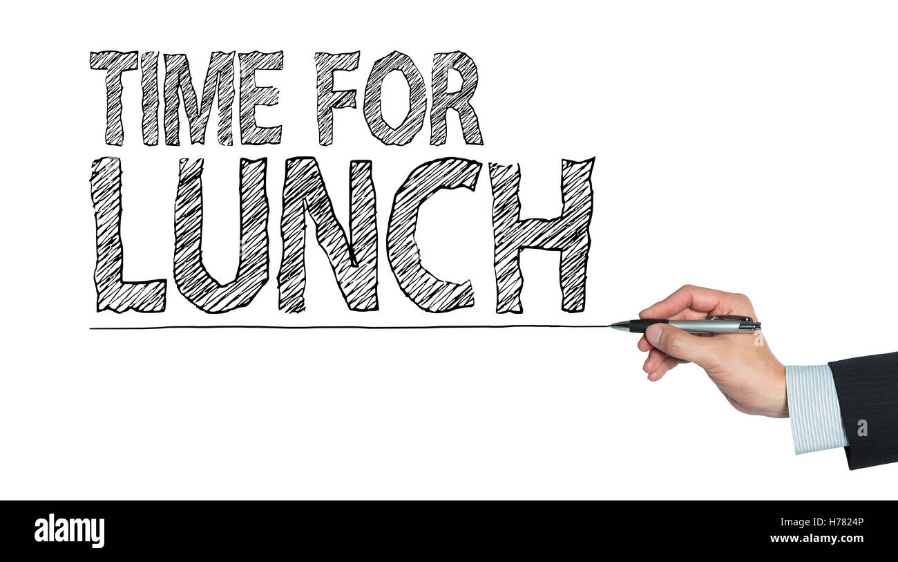time for lunch written by hand, hand writing on transparent board Stock