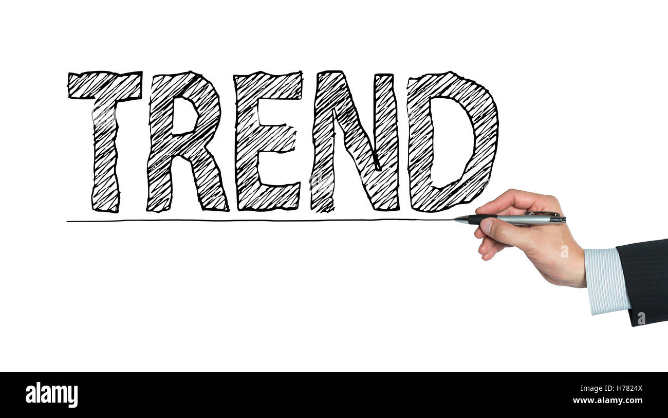 trend written by hand, hand writing on transparent board, photo Stock Photo