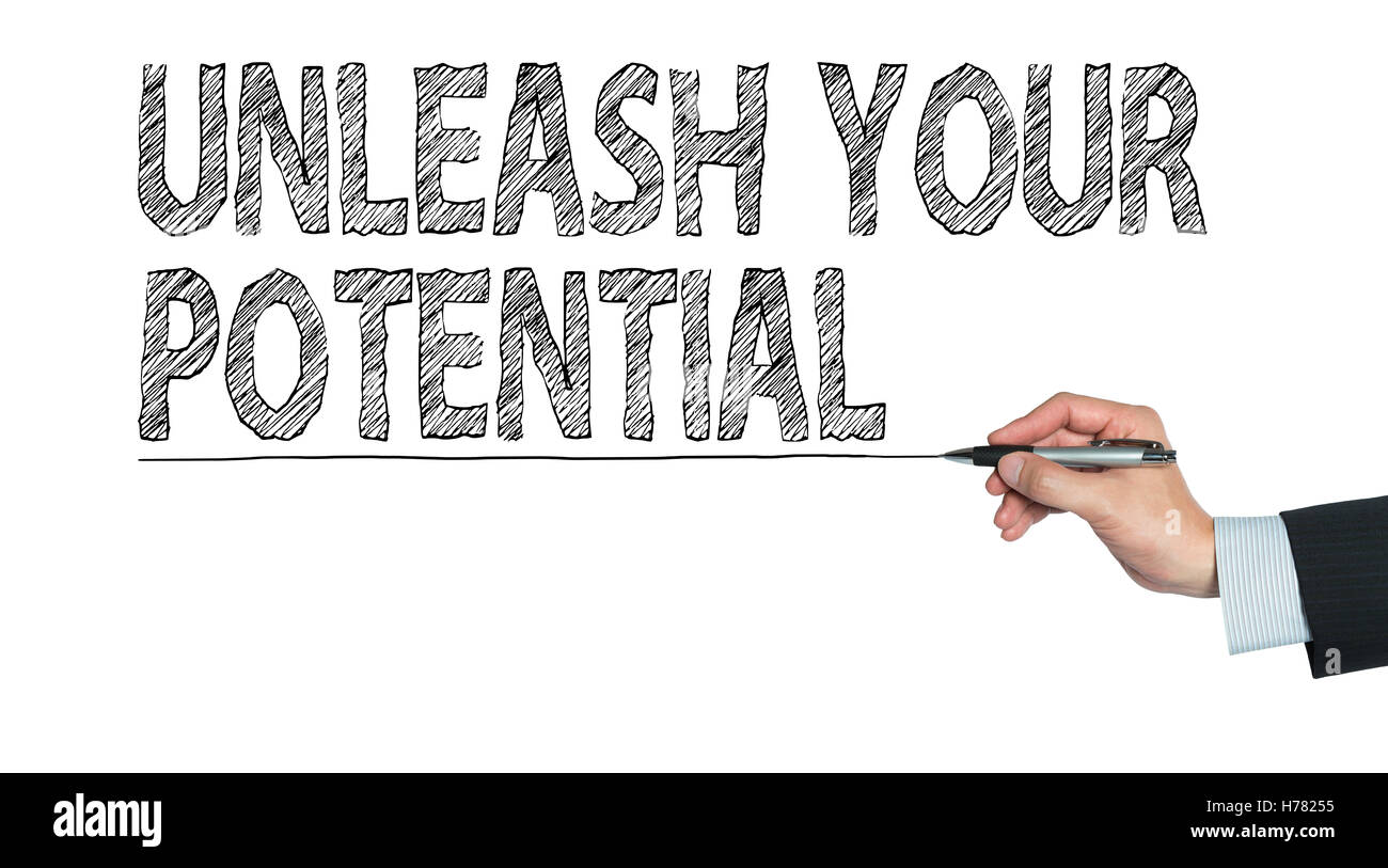 unleash your potential  written by hand, hand writing on transparent board, photo Stock Photo