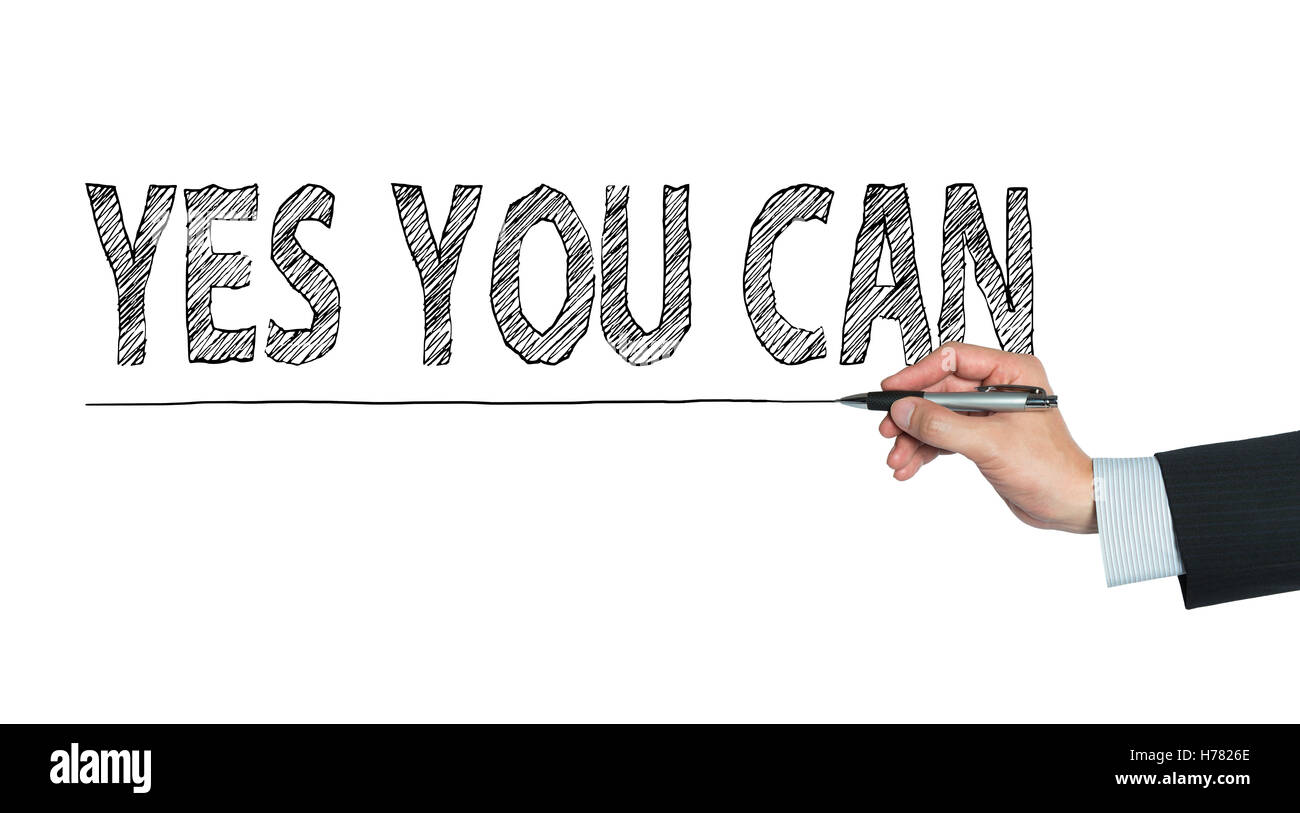 yes you can written by hand, hand writing on transparent board, photo Stock Photo