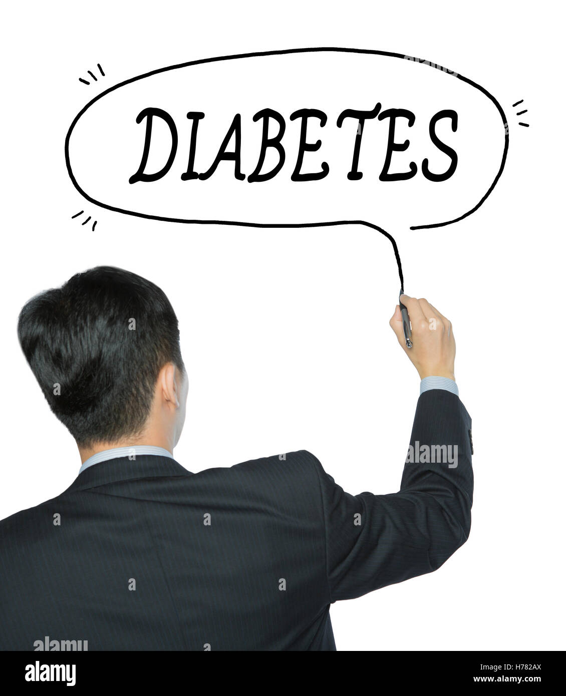 diabetes written by businessman in black suit, hand writing on
