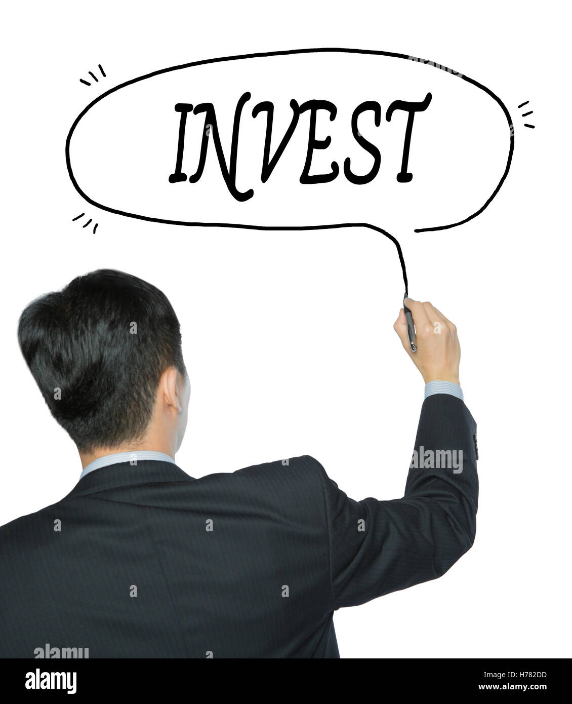 invest written by businessman in black suit, hand writing on transparent board, photo Stock Photo