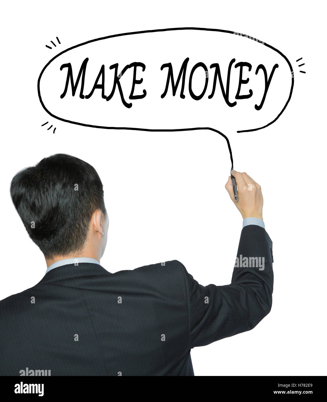 make money written by businessman in black suit, hand writing on transparent board, photo Stock Photo