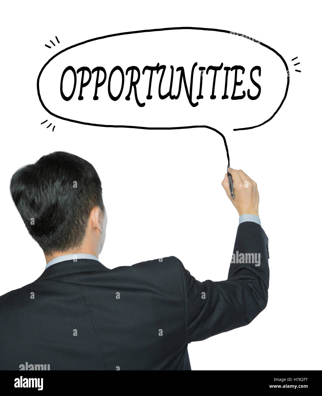 opportunities written by businessman in black suit, hand writing on transparent board, photo Stock Photo