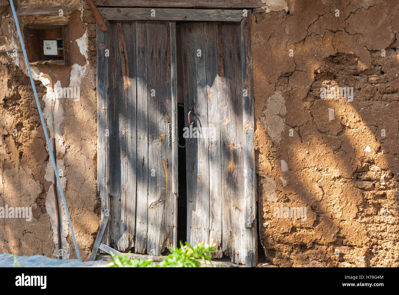 Old blue shabby wooden door with rusty hinges at the entrance of old ...