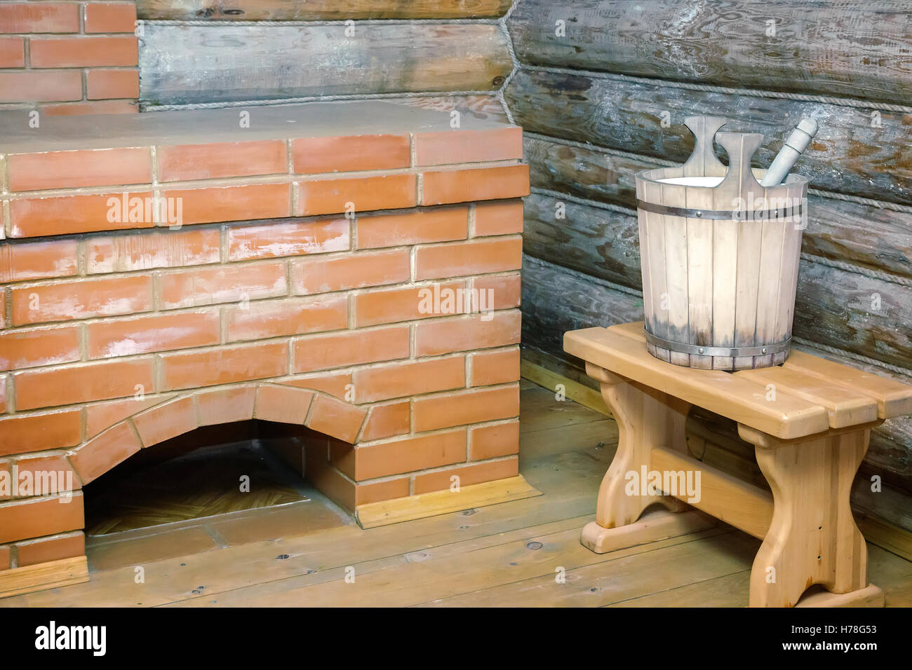The Interior Of The Russian Bath Stove Log Walls Buckets For