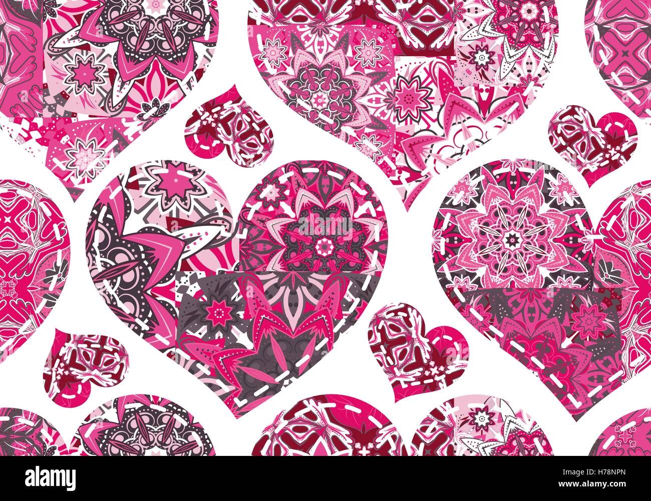 Seamless pattern with collection hearts in vintage patchwork style ...
