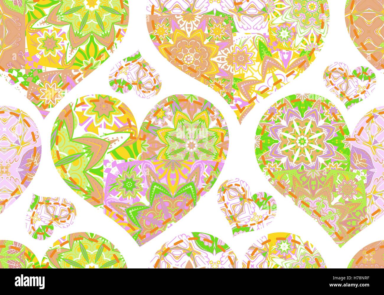 Seamless pattern with collection hearts in vintage patchwork style ...