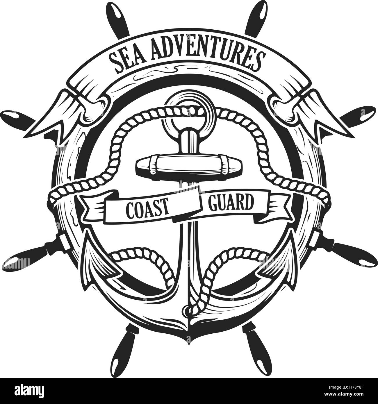 Sea adventures. Coast guard. Anchor with rope and ribbons on background with steering wheel. Ship helm. Design element for logo, Stock Vector