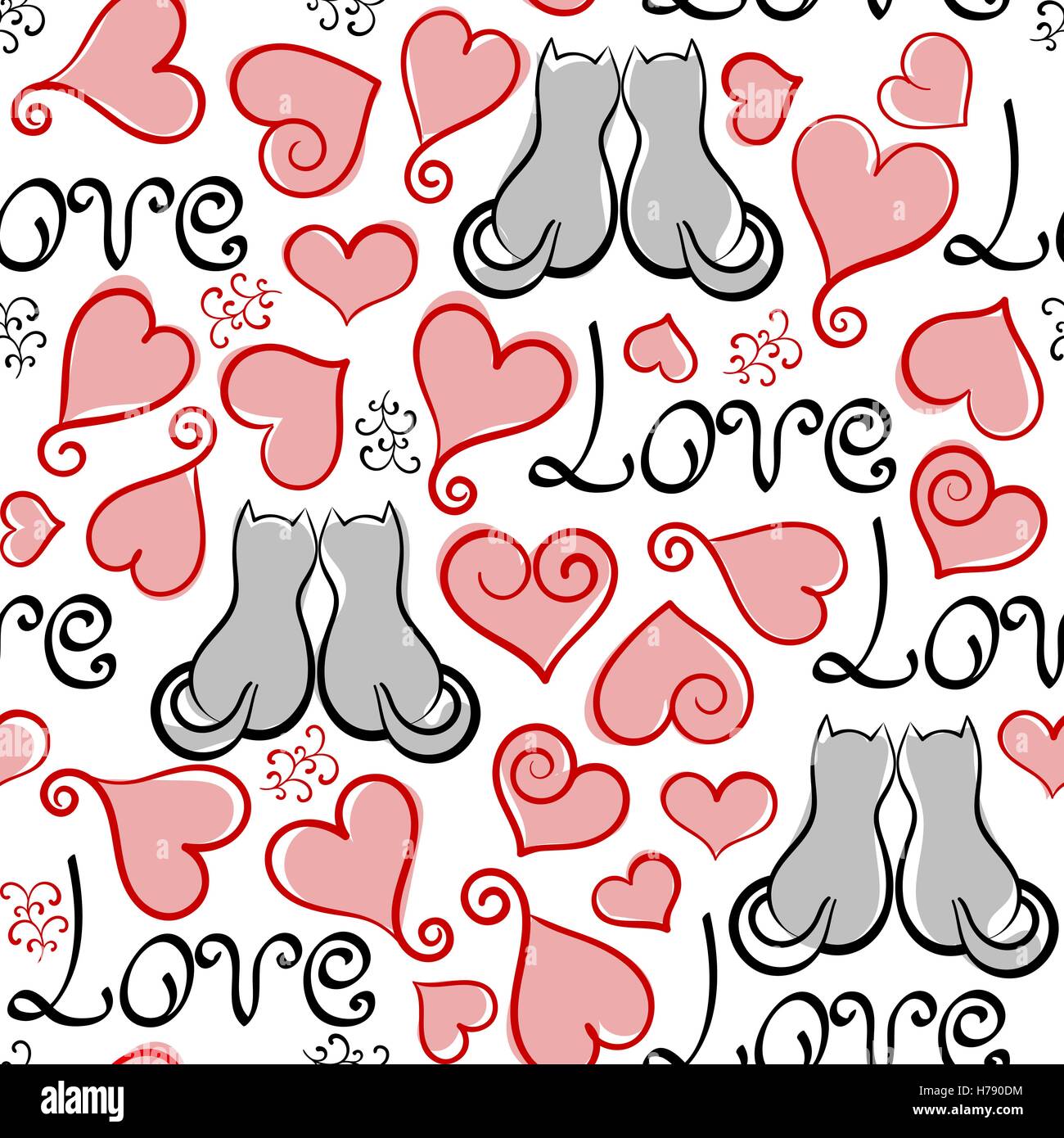 Grunge vector seamless pattern with hand painted hearts, lettering and cats. Texture for web, print, valentines day wrapping paper, wedding invitation card background, textile, fabric, home decor, romantic gift paper Stock Vector