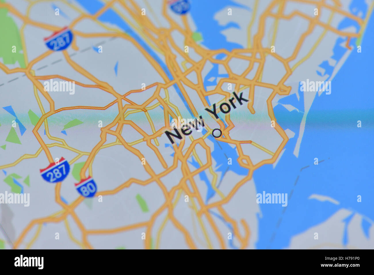 Close up view of a digital map of New York City on a smartphone display Stock Photo