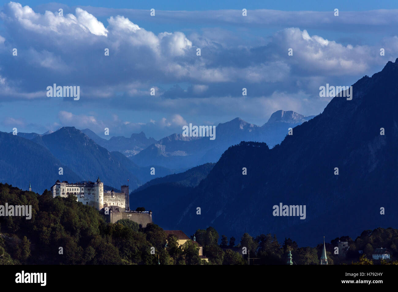 Hohensalzburg Castle sits atop the Festungsberg, a small hill above the city of Salzburg in Austria. Stock Photo