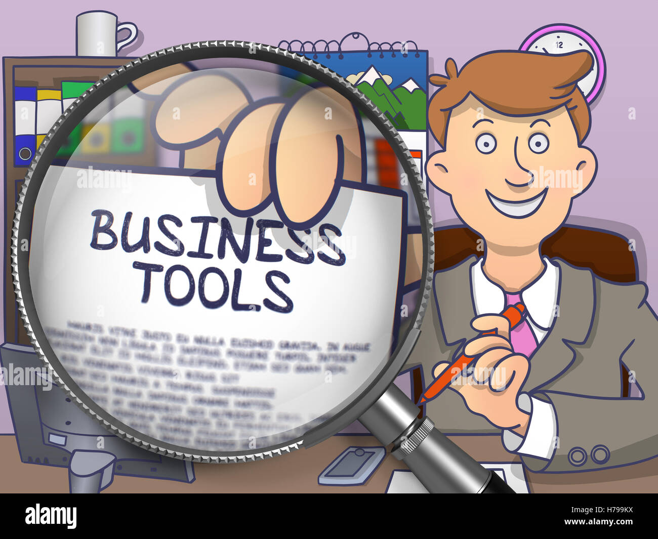 Business Tools through Magnifier. Doodle Style Stock Photo Alamy