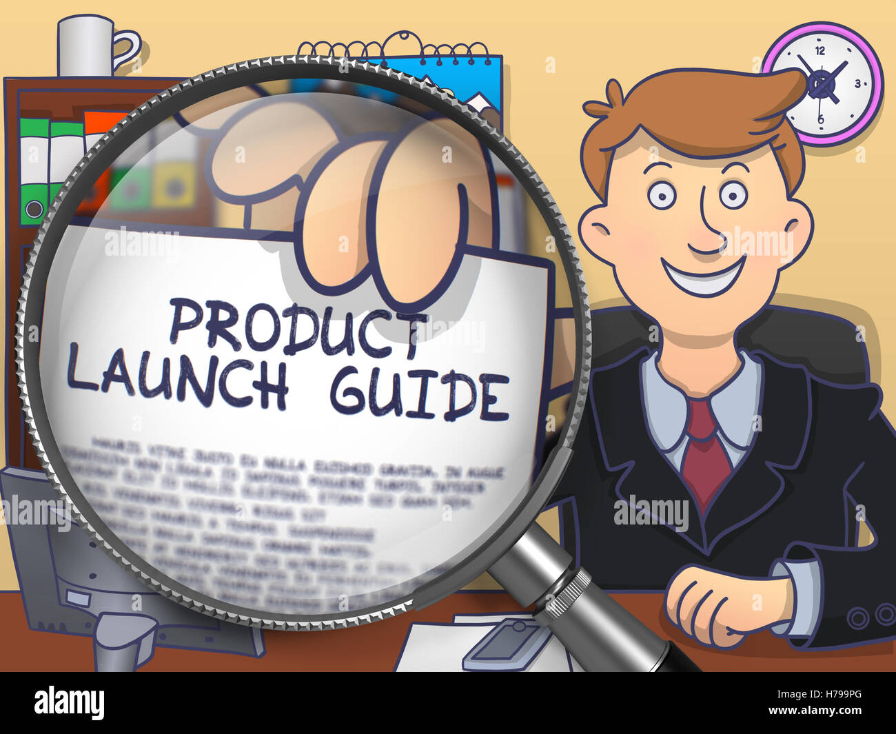 Product Launch Guide through Magnifier. Doodle Design Stock Photo Alamy