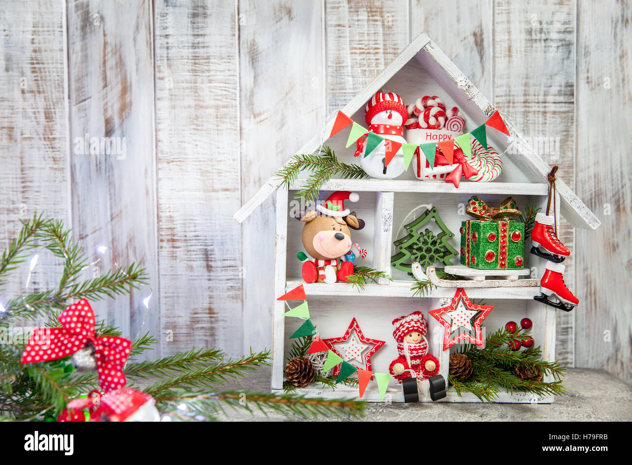 Christmas decoration with wooden box house Stock Photo