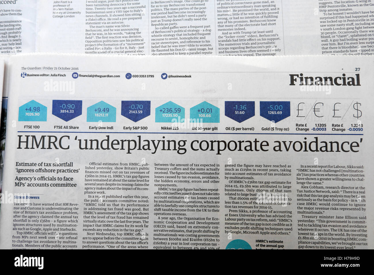 HMRC  'underplaying corporate avoidance' Guardian newspaper article in the Financial pages of the British paper in London UK Stock Photo