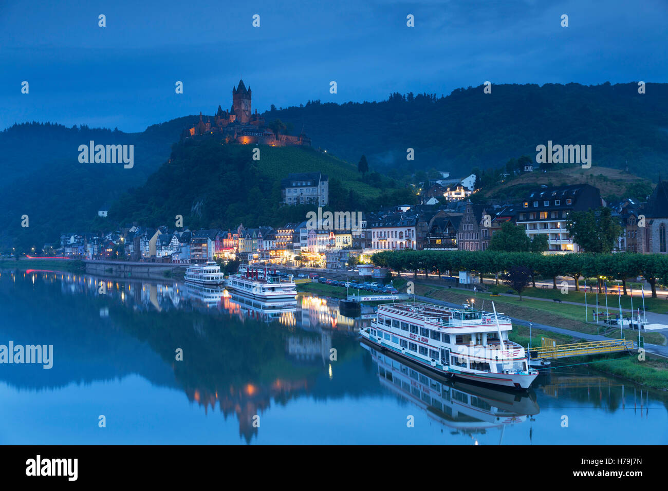 Reichsburg at dusk, Cochem, Rhineland-Palatinate, Germany Stock Photo