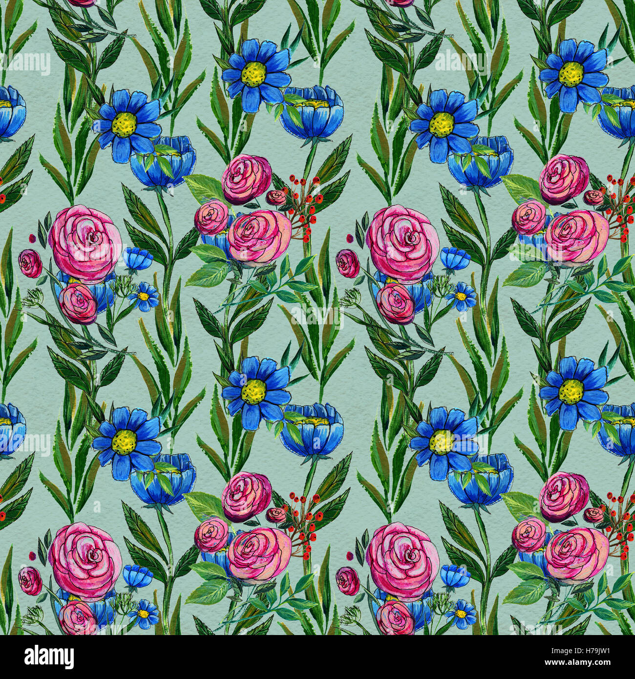Seamless pattern with blue and pink flowers Stock Photo - Alamy